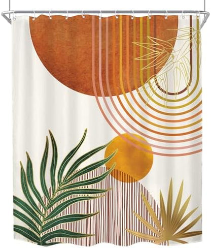 Mid Century Orange Boho Abstract Retro Gold Bathroom Shower Curtain Set