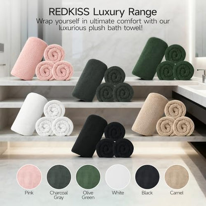 REDKISS 4 Pack Premium Bath Towels, Plush Coral Fleece Towels for Bathroom, Extra Large Bath Towels Set of 4 (35 x 70 in), Super Soft Highly Absorbent Shower Towels for Spa, Gym, Travel, White