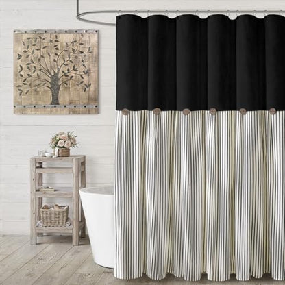 Farmhouse Shower Curtain Button Black-Black Stripe 72" W x 78" L