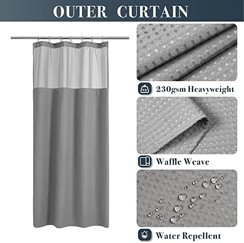 N&Y HOME Stall Waffle Weave Shower Curtain with Snap-in Liner Gray 36x72