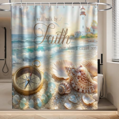 Cute Modern Beach Shower Curtain, Ocean Rustic Coastal Tropical Aesthetic Seashell Shower Curtains for Bathroom, Waterproof Bath Curtain with Hooks Machine Washable Bathtub Curtains 72x72 Inch Blue