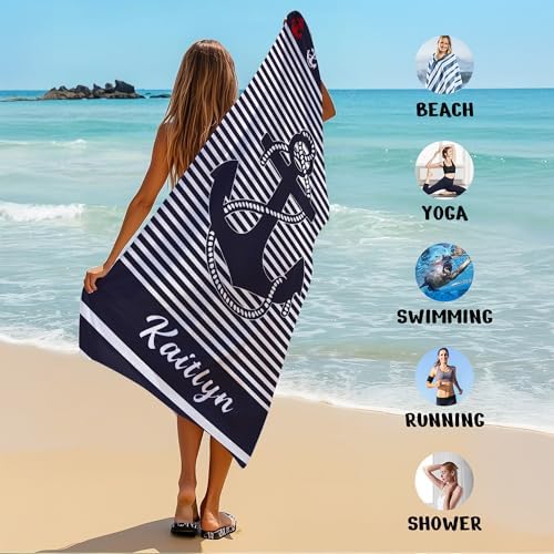 JML Personalized Beach Towel with Name, Custom Anchor Beach Towel, Customized Microfiber Pool Towel, Quick Dry & Absorbent Swim Towel for Adult,Anniversary, Birthday, Summer Holiday,Vacation