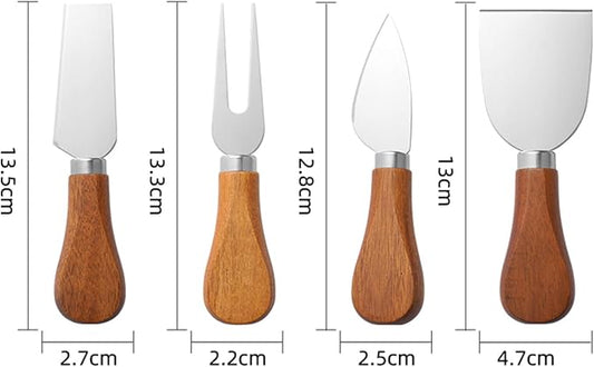 YUANQIAN Cheese Knife Set with Acacia Wood Handles - Cheese Knife, Spreader, Fork, Slicer - Mini Stainless Steel Cheese Tools for Charcuterie Boards (4Pcs/Set, S)