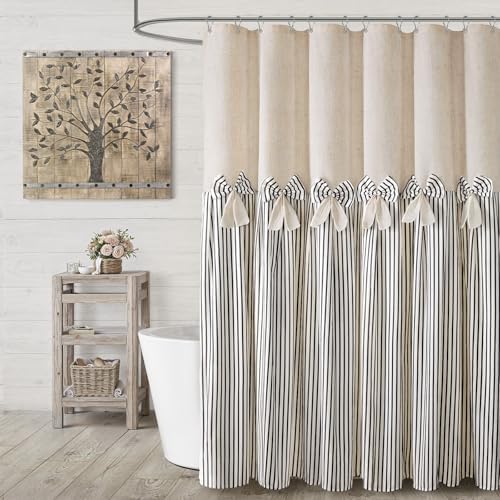 Farmhouse Shower Curtain Linen Bow Pleated Black Stripe 72"W x 72"L
