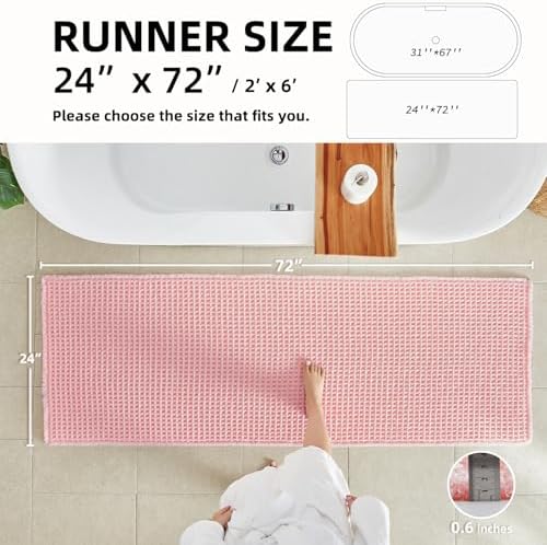 TYUU Waffle Runner Rug Bathroom, Long Cute Bath Mat 72x24 Light Peachy Pink