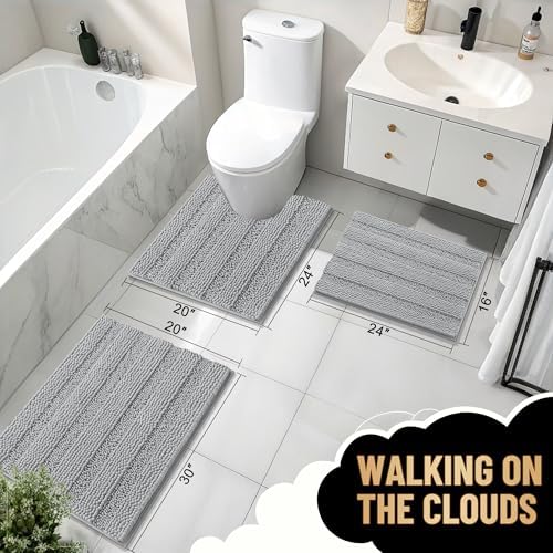 OLANLY Thick Bathroom Runner Rugs 59x20, Chenille Bath Rugs, Light Grey