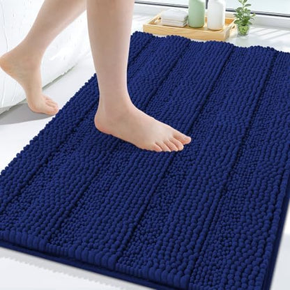 Grandaily Chenille Striped Bathroom Rugs 30x20, Extra Thick and Soft Absorbent Bath Mats, Rubber Backing, Plush Shaggy Shower Carpet, Machine Wash Dry, Bath Rug for Bathroom, Navy Blue