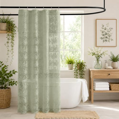 TUDECO Stand Up Sage Green Lace Shower Curtain with Valance, 36''W x 72''L