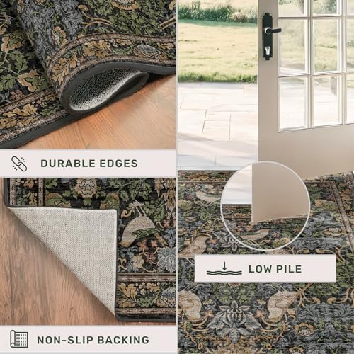 Botanical 10x14 Area Rug for Living Room, Extra Large Bedroom - Washable Rug for Dining Room Under Table Stain Resistant, Brown Green Boho Bird Vintage, Soft Floor Carpet Low Pile