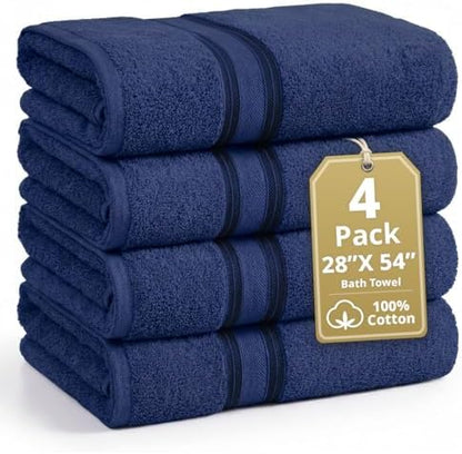 LANE LINEN Bath Towel Set 100% Cotton 4 Piece Soft Absorbent - Navy