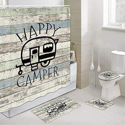 JAWO Happy Campers Shower Curtain Retro Rustic Wood Neutral Color for Travel Trailer Camping Theme Motor RV Bathroom Stall Shower Curtain Set, Waterproof Fabric Shower Cutain, Hooks Include 72X72