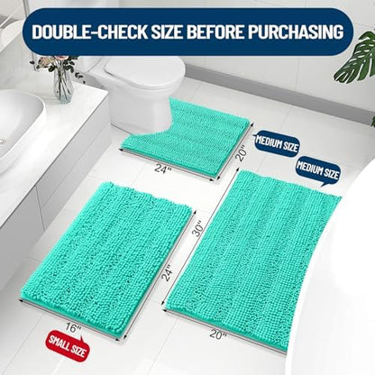Grandaily Chenille Striped Bathroom Rugs 36x24, Extra Thick and Absorbent Bath Mats, Non-Slip Soft Plush Shaggy Shower Carpet, Machine Wash Dry, Bath Rug for Bathroom, (Large, Teal)
