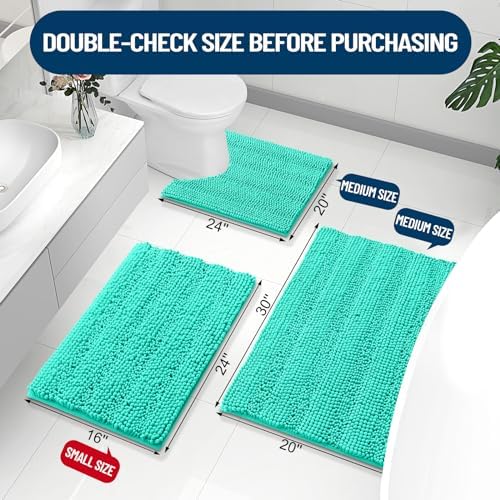 Grandaily Chenille Striped Bathroom Rugs 70x24, Extra Thick and Absorbent Bath Mats, Non-Slip Soft Plush Shaggy Shower Carpet, Machine Wash Dry, Bath Rug for Bathroom, Teal