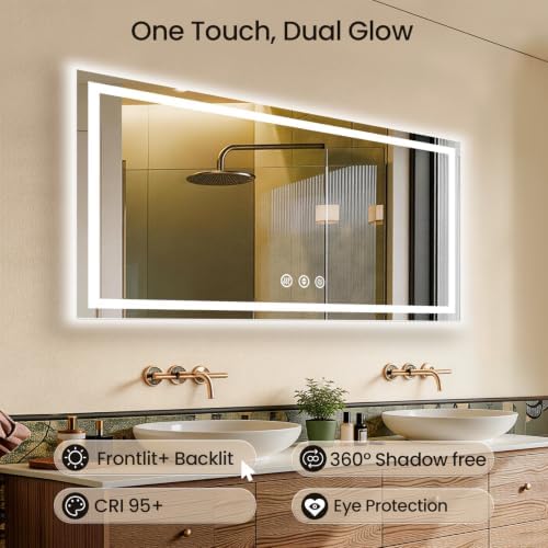 60"x30" LED Bathroom Mirror with Anti-Fog, Backlit & Front Lights, Memory