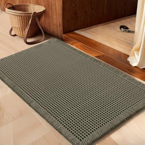 IM HOME Waffle Bath Mat Olive Green 36"x24", Boho Woven Modern Bath Mat Rugs, Absorbent Non Slip Bathroom Rugs, Soft Washable Bath Rugs with Tassels for Bathroom, Bedroom, Kitchen, Shower, Tub