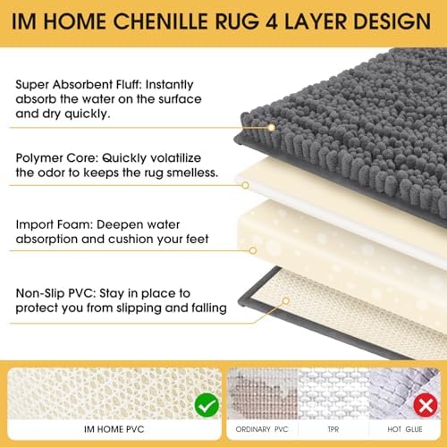 ACCUMTEK Upgrade Luxury Grey Bathroom Rug Mat Gray 59"x20", Ultra Soft Thick Absorbent Bath Mats, Non Slip Chenille Toilet Mat for Bathroom, Bedroom, Kitchen, Shower, Tub, Charcoal