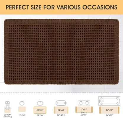 IM HOME Waffle Bath Mat Brown 24"x17", Boho Woven Modern Bath Mat, Absorbent Non Slip Bathroom Rugs, Soft Washable Rug with Tassels for Bathroom, Bedroom, Kitchen, Shower, Tub