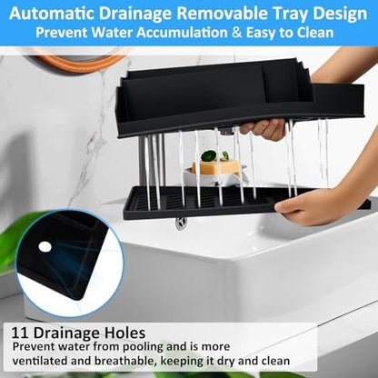 Bathroom Counter Organizer, Large Black Silicone Toothbrush Holders for Bathrooms Organizer Countertop with 3PCS Qtip Holder, Toothbrush and Toothpaste Holder for Bathroom Organization Storage Vanity