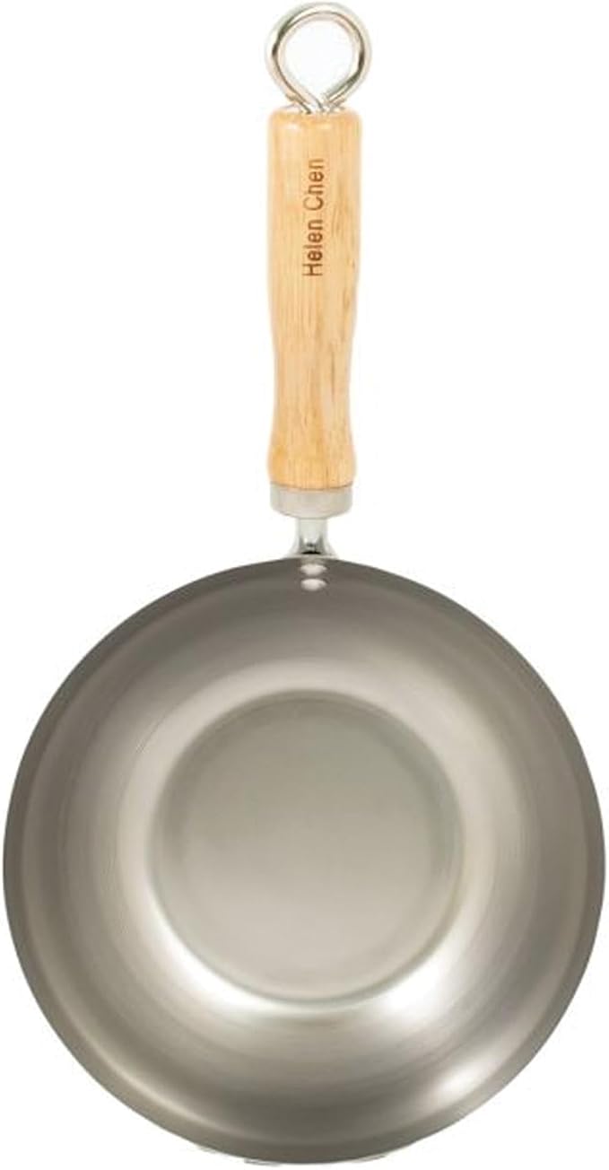 Helen's Asian Kitchen Carbon Steel Mini Wok, 8-Inch, Flat Bottom Chinese Stir Fry Pan With Rubberwood Handle For Single-Serve Stir Fry, Fried Rice, Noodles, And Asian Cooking