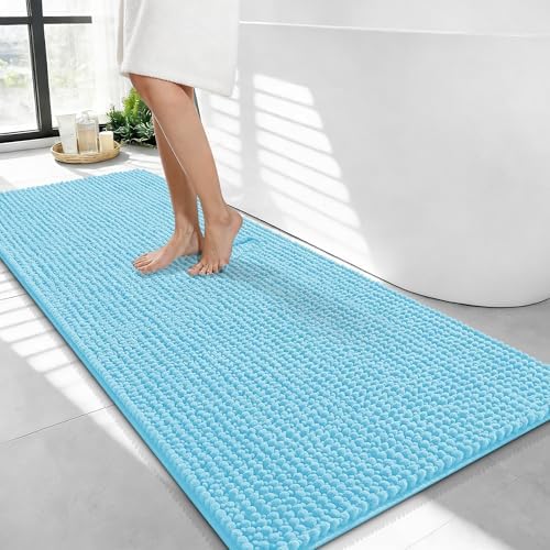 OLANLY Thick Chenille Bathroom Runner Rugs Mats 44x24, Sky Blue