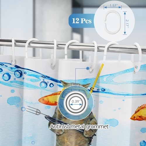 Aimego Funny Cat Shower Curtains for Bathroom - Sea Ocean Animal Underwater Tropical Fish Coral Seahorse Fun Bath Shower Curtain Set with 12 Hooks for Adults Kids Bathroom Decor Accessories, 72"x72"
