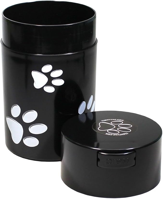 Tightpac Pawvac 1 to 6 Ounces Container, Airtight Pet Food and Treats Storage Jar - Patented Vacuum Seal Container for Pet Food, Treats and other Dry Goods - Black with Paws