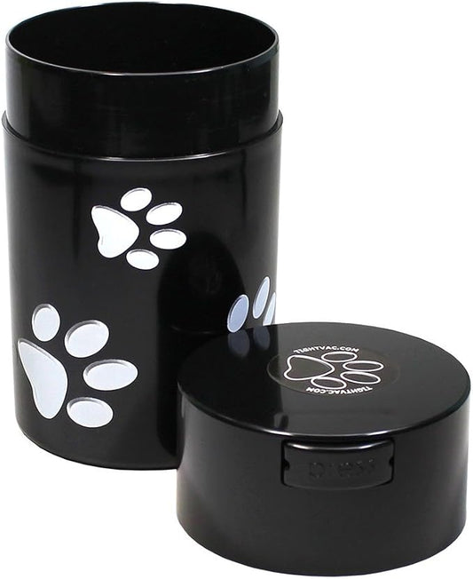 Tightpac Pawvac 1 to 6 Ounces Container, Airtight Pet Food and Treats Storage Jar - Patented Vacuum Seal Container for Pet Food, Treats and other Dry Goods - Black with Paws