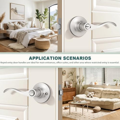 GOBEKOR Entry Door Handles with Lock and Same Keys, Brushed Nickel Keyed Aliked Entry Door Lock Sets for Exterior & Interior Doors, Reversible Door Levers for Bedroom Bathroom, 3 Pack