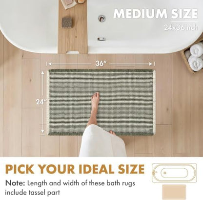 MIULEE Set of 2 Waffle Bathroom Rugs Boho Bath Mat Green&Cream 24x36 Inch