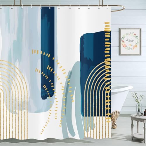 deFouliao Boho Shower Curtain, Mid Century Modern Blue Waterproof Shower Curtain for Bathroom Bathtub Home Curtain Decor with Hooks, 72Wx72L