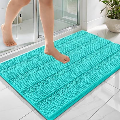 OLANLY Thick Bathroom Rugs 36x24, Soft Chenille Striped Bath Rugs, Teal