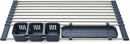 Expandable 304 Stainless Steel Roll Up Dish Drying Rack Over the Sink, Foldable Kichen Sink Drainer, Heat Resistant Space Saving Design