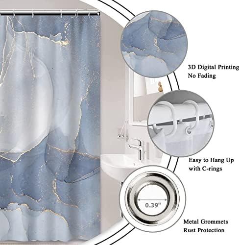 AWERT Small Half Size Stall Shower Curtain with 6 Hooks Shower Stall Curtain 36 x 72 Light Blue Marble Gold 36 inch Shower Curtain for Bathroom/RV and Camper (Blue Marble)