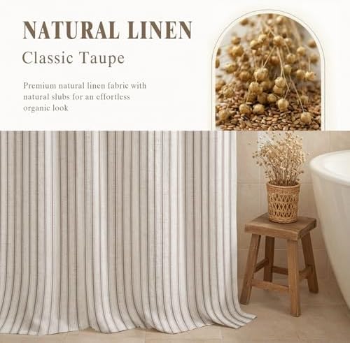 Farmhouse Striped Shower Curtain Taupe Vintage Linen Curtain 72"W X 72"L