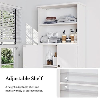 Over the Toilet Storage Cabinet for Bathroom, Extra Tall Over Toilet Storage, Space Saver W/Adjustable Shelf & Open Storage Shelf, 75in, White