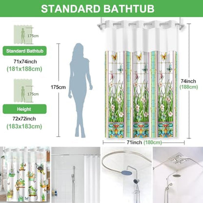No Hook Shower Curtain Snap in Liner with 2 Replaceable Curtain Panels Pattern Waterproof Fabric Washable Shower Curtain Set for Bathroom Bathtub, Hotel Style with See Through Mesh Top Window 71 x 74"