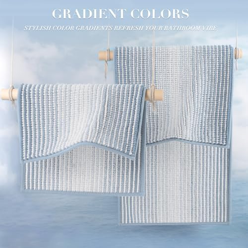 BSICPRO Large Chenille Bathroom Rugs, 24x43 Striped Bath Mats, Ice Blue