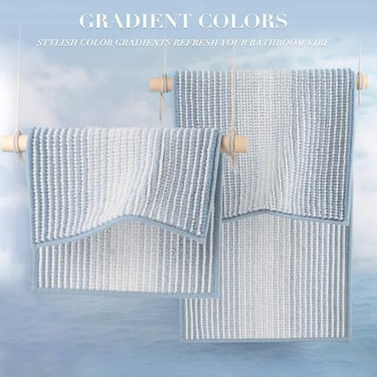 BSICPRO Large Chenille Bathroom Rugs, 24x43 Striped Bath Mats, Ice Blue