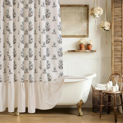 ORTIGIA Linen Textured Ruffle Shower Curtain with Metal Hooks, Vintage Blue Floral Block Print Boho Waterproof Bath Curtain for Rustic Farmhouse Bathroom Decor 72x72 Inch