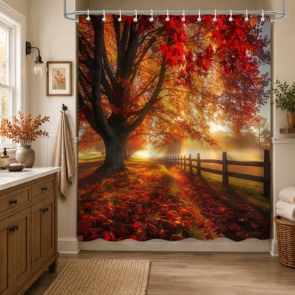 Red Maple Forest Shower Curtain, 60 x 72 Inch Waterproof Polyester Fall Landscape Bathroom Curtain, Autumn Tree Sunrise Woodland Bath Curtain for Tub Decor