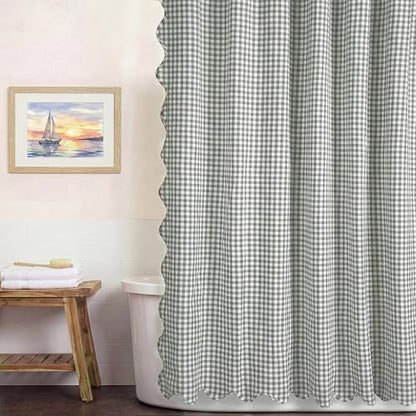 HunnmingRe Scalloped Gingham Shower Curtain Sage Green