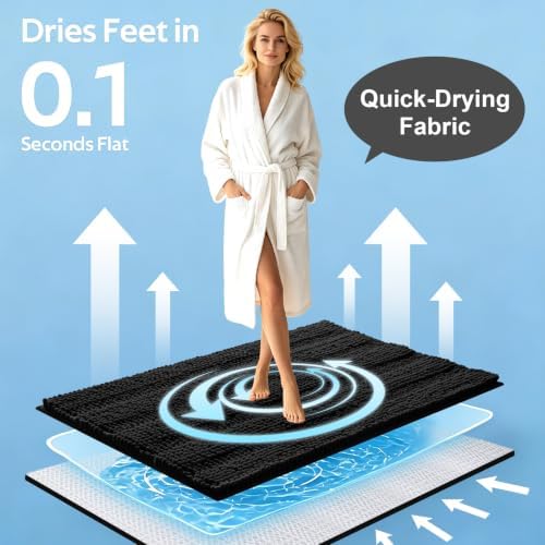 ACCUMTEK Striped Black Bathroom Rug Mat Set 2 piece 24"x17"+48"x20" Ultra Soft, Non Slip Chenille Bath Rugs, Absorbent Plush Shaggy Bath Mats for Bathroom, Bedroom, Kitchen, Shower, Tub
