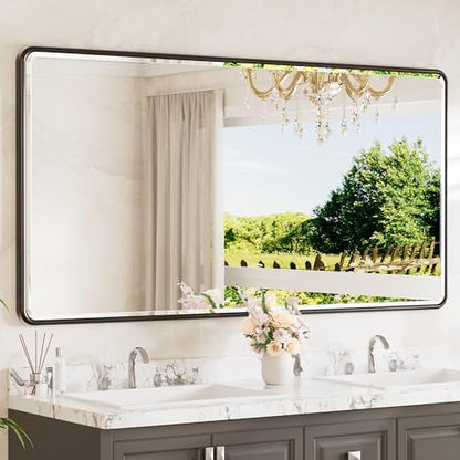 TETOTE Black Framed Bathroom Mirror 72 x 36 Large Beveled Edge Tempered Glass, Rounded Corner Rectangle Bathroom Mirror for Modern Bathroom, Living Room, Bedroom, Entryway
