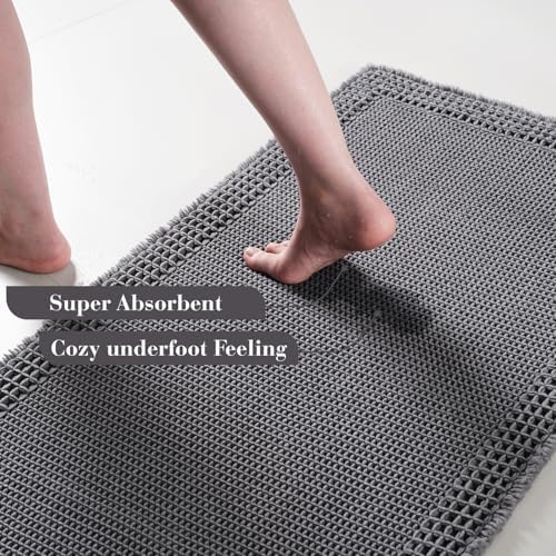 RESARE Waffle Bathroom Runner Rugs, Non Slip Boho Bath Mat 24x72 Dark Grey