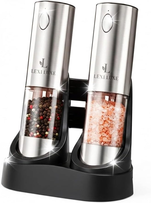Electric Salt and Pepper Grinder Set, Rechargeable USB-C Automatic Grinder with Charging Base, LED Light, Adjustable Coarseness – Stainless Steel Pepper Mill Set (SILVER)