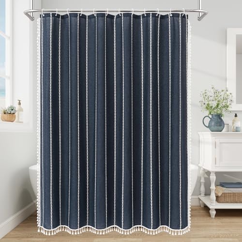Boho Farmhouse Tassel Linen Shower Curtain,3D Embroidery Stripe Navy,72x96
