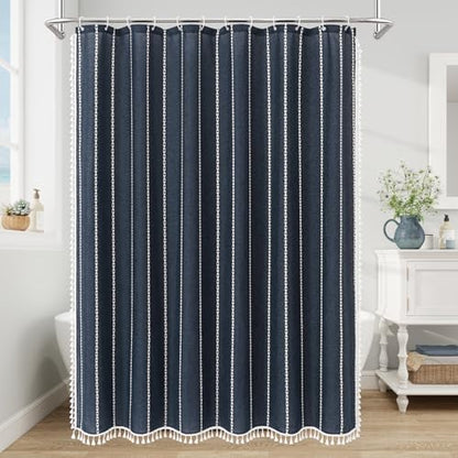 Boho Farmhouse Tassel Linen Shower Curtain,3D Embroidery Stripe Navy,72x96