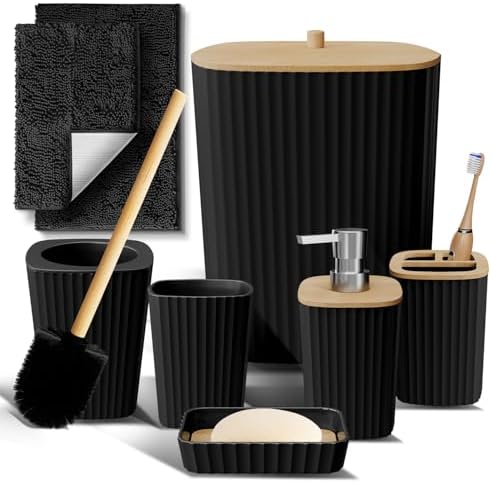 Clara Clark Bathroom Set - Black Bathroom Accessories Set, 6PC Bathroom Accessory Set, Bathroom Sets with Bathroom Rugs, Toilet Brush, Trash Can & Soap Dispenser