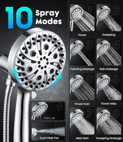 Handheld Shower Head High Pressure – Magnetic Holder,10 Spray Modes with Power Wash for Pets&Tile&Toilet, Filtered for Softer Skin & Shinier Hair, 1.8GPM, Stainless Steel Hose