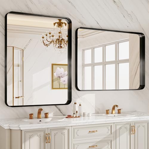24"X32" Matte Black Metal Framed Vanity Rounded Rectangle Bathroom Mirrors